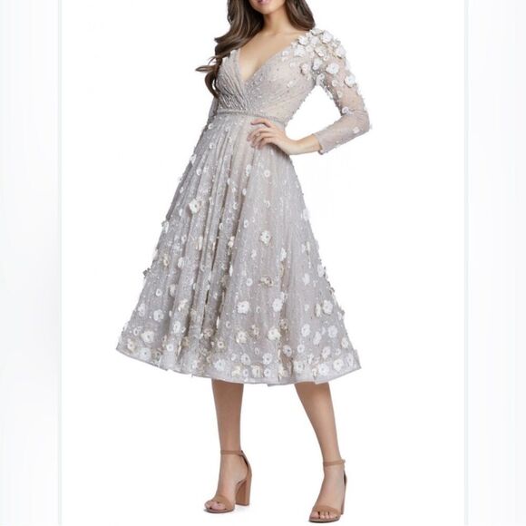 MAC DUGGAL 67387 Gray Floral Embellished Lace A-Line Cocktail Dress - Picture 1 of 15